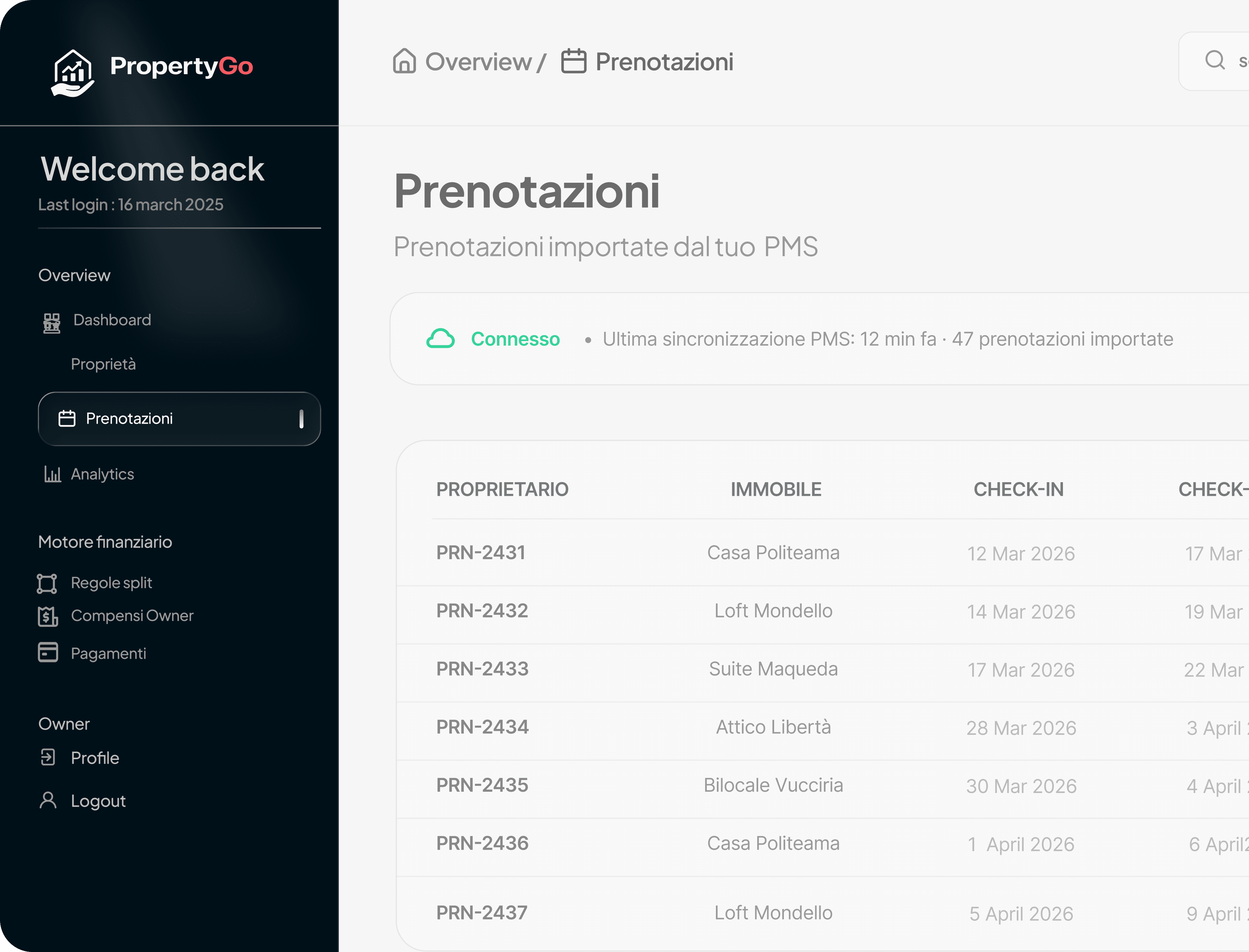 Dashboard prenotazioni su tablet